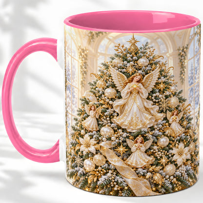 #pl[11oz|Pink] Christmas Angel Tree Ceramic Mug, White Gold Heavenly Artwork