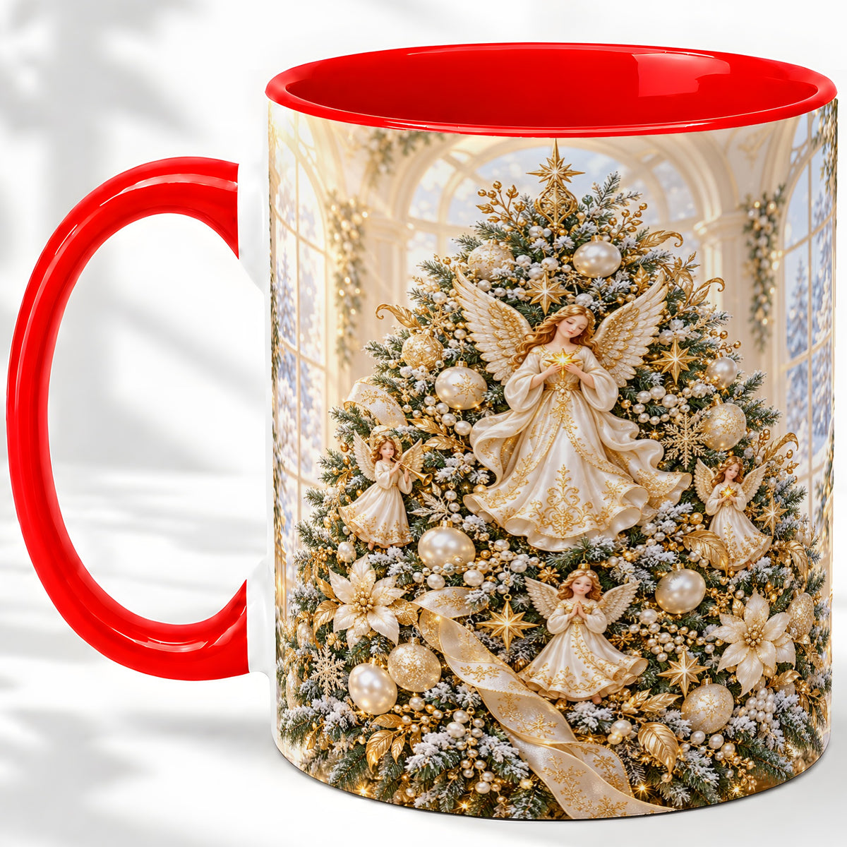 Christmas Angel Tree Ceramic Mug, White Gold Heavenly Artwork