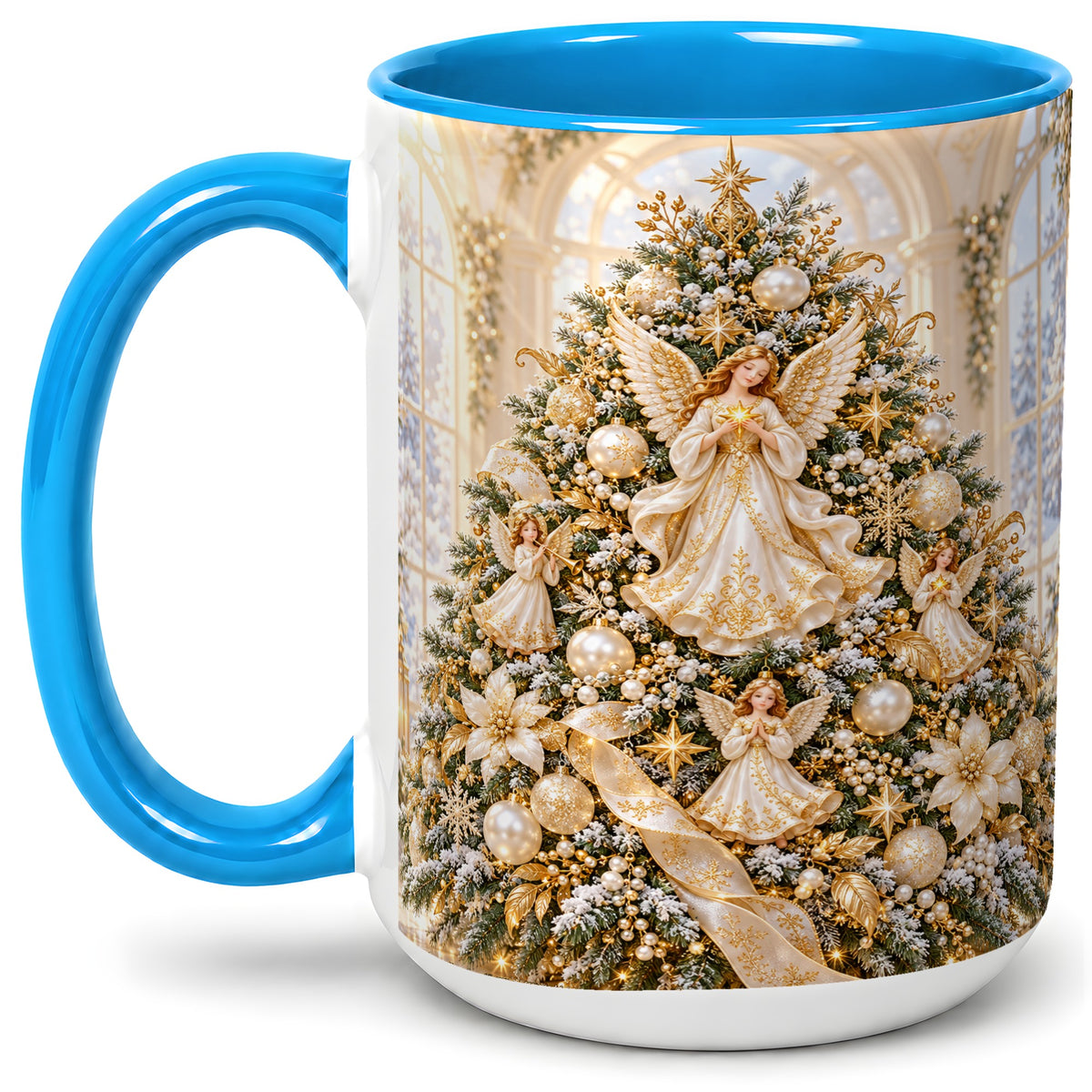 #pl[15oz|Blue] Christmas Angel Tree Ceramic Mug, White Gold Heavenly Artwork