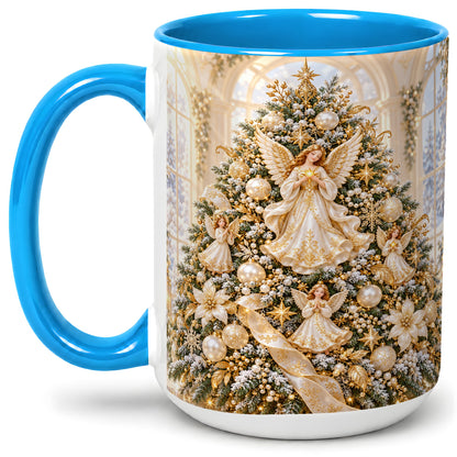 #pl[15oz|Blue] Christmas Angel Tree Ceramic Mug, White Gold Heavenly Artwork