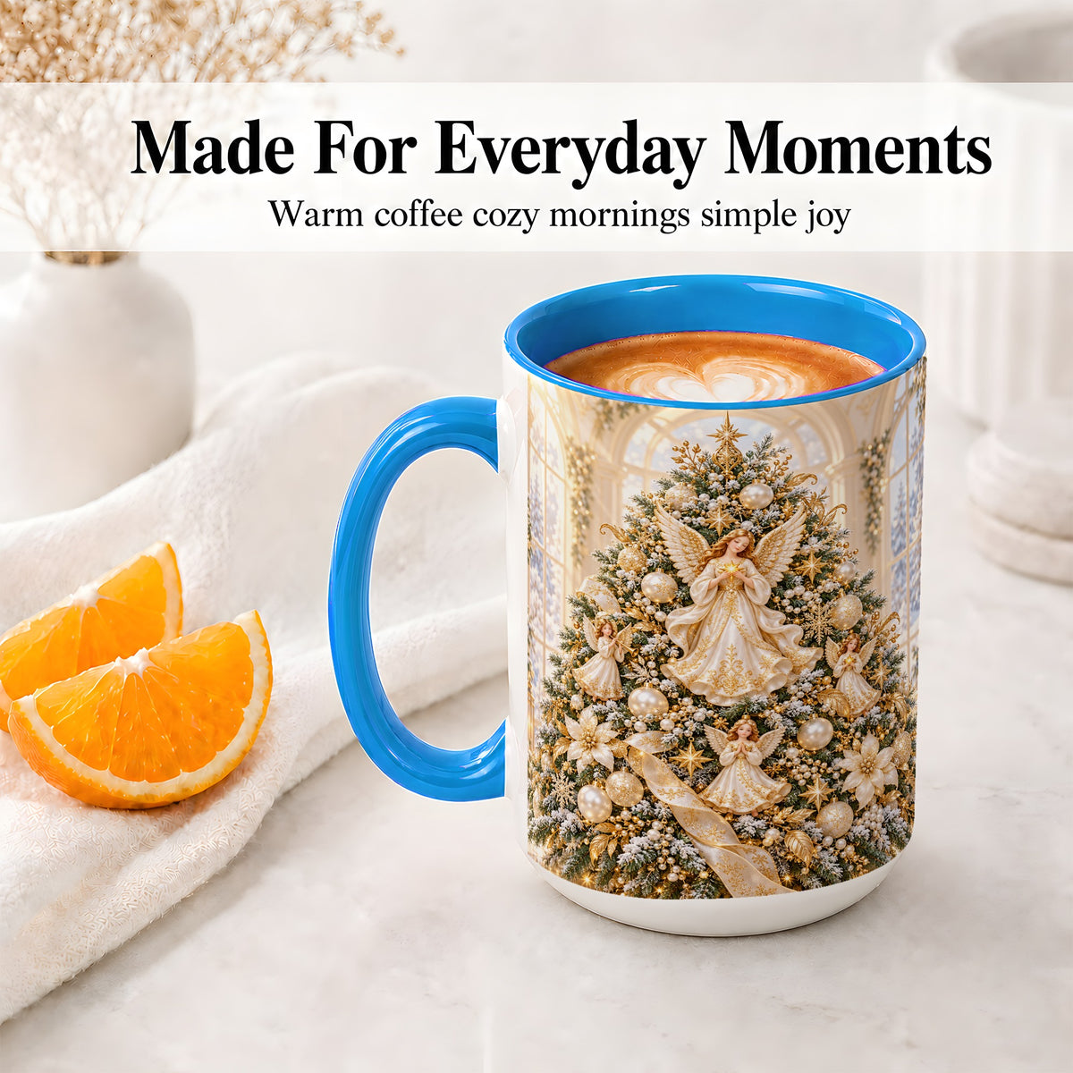 #pl[15oz|Blue] Christmas Angel Tree Ceramic Mug, White Gold Heavenly Artwork