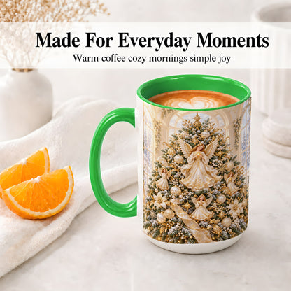 #pl[15oz|Green] Christmas Angel Tree Ceramic Mug, White Gold Heavenly Artwork