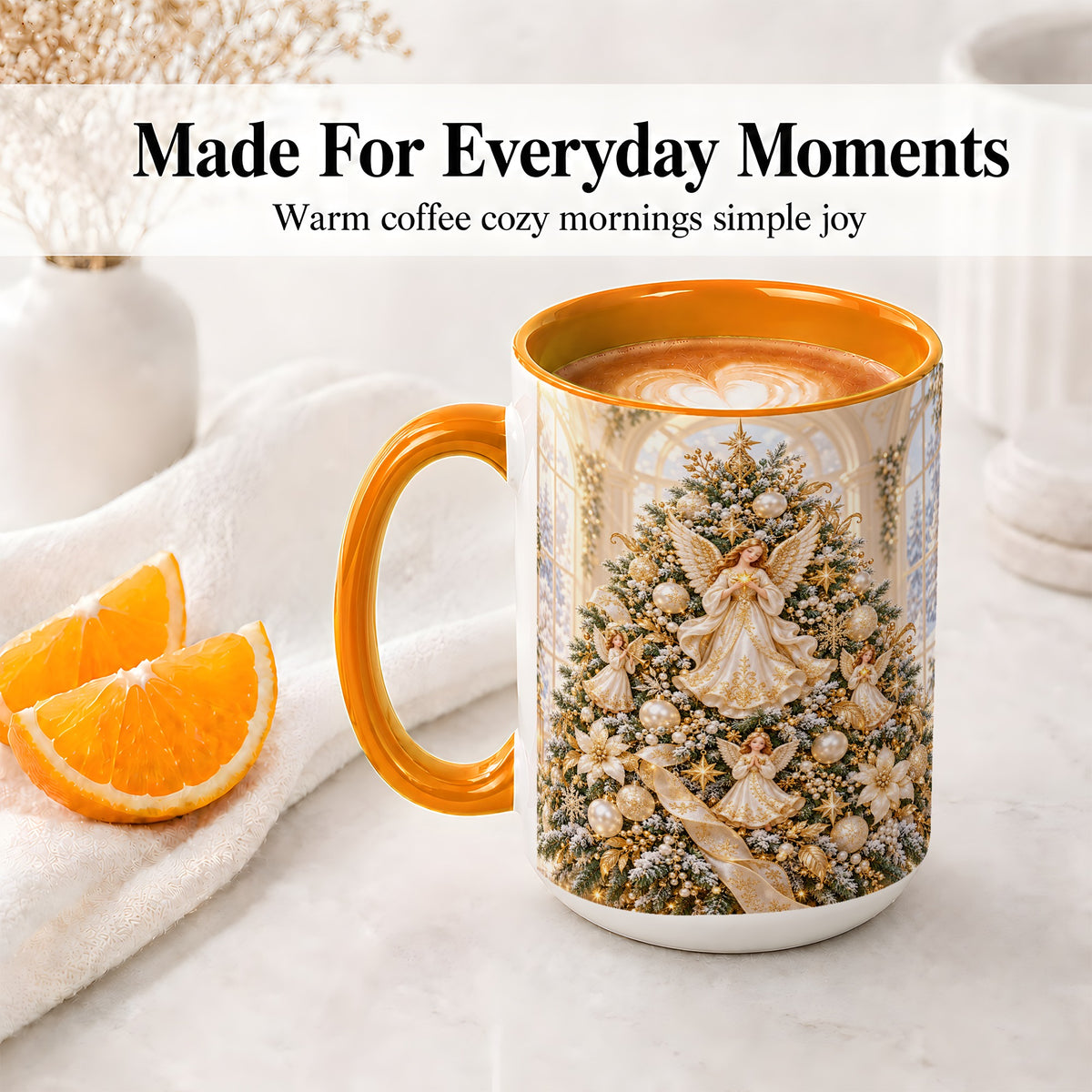 #pl[15oz|Orange] Christmas Angel Tree Ceramic Mug, White Gold Heavenly Artwork