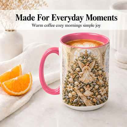 #pl[15oz|Pink] Christmas Angel Tree Ceramic Mug, White Gold Heavenly Artwork