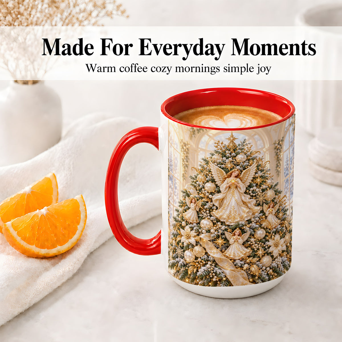 #pl[15oz|Red] Christmas Angel Tree Ceramic Mug, White Gold Heavenly Artwork