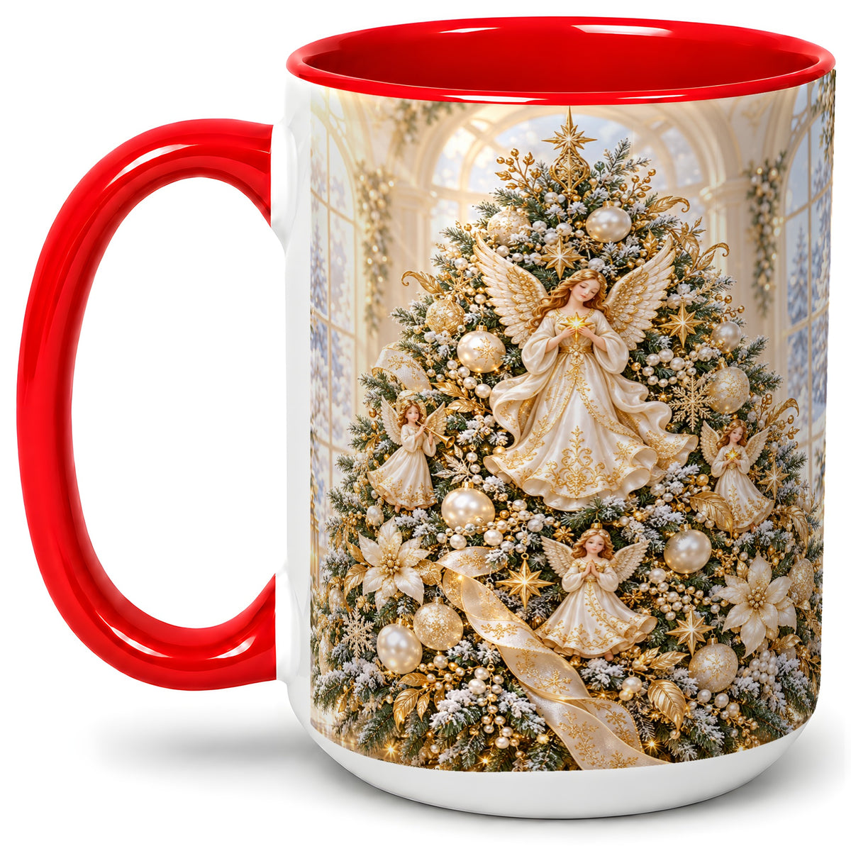 #pl[15oz|Red] Christmas Angel Tree Ceramic Mug, White Gold Heavenly Artwork