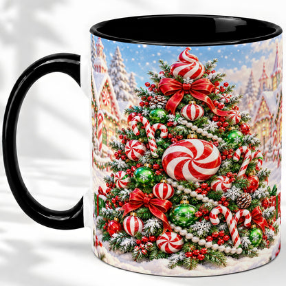 #pl[11oz|Black] Peppermint Christmas Tree Ceramic Mug, Candy Cane Holiday Art