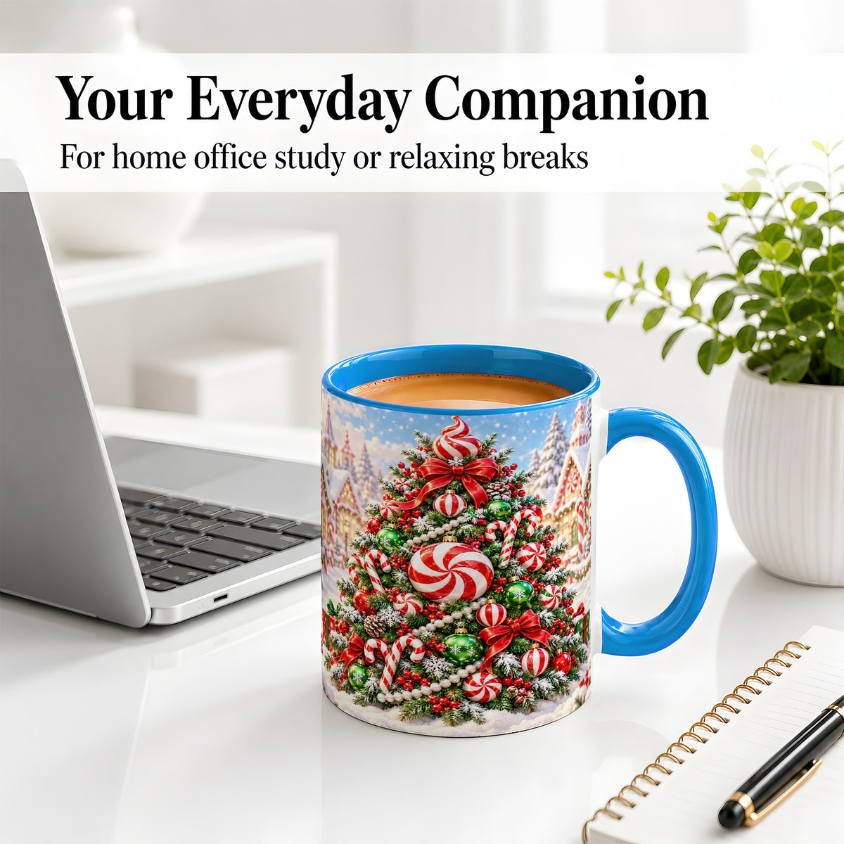#pl[11oz|Blue] Peppermint Christmas Tree Ceramic Mug, Candy Cane Holiday Art