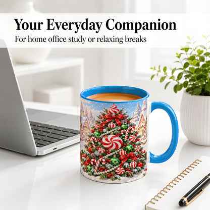 #pl[11oz|Blue] Peppermint Christmas Tree Ceramic Mug, Candy Cane Holiday Art