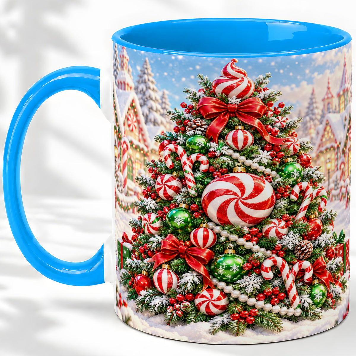 #pl[11oz|Blue] Peppermint Christmas Tree Ceramic Mug, Candy Cane Holiday Art