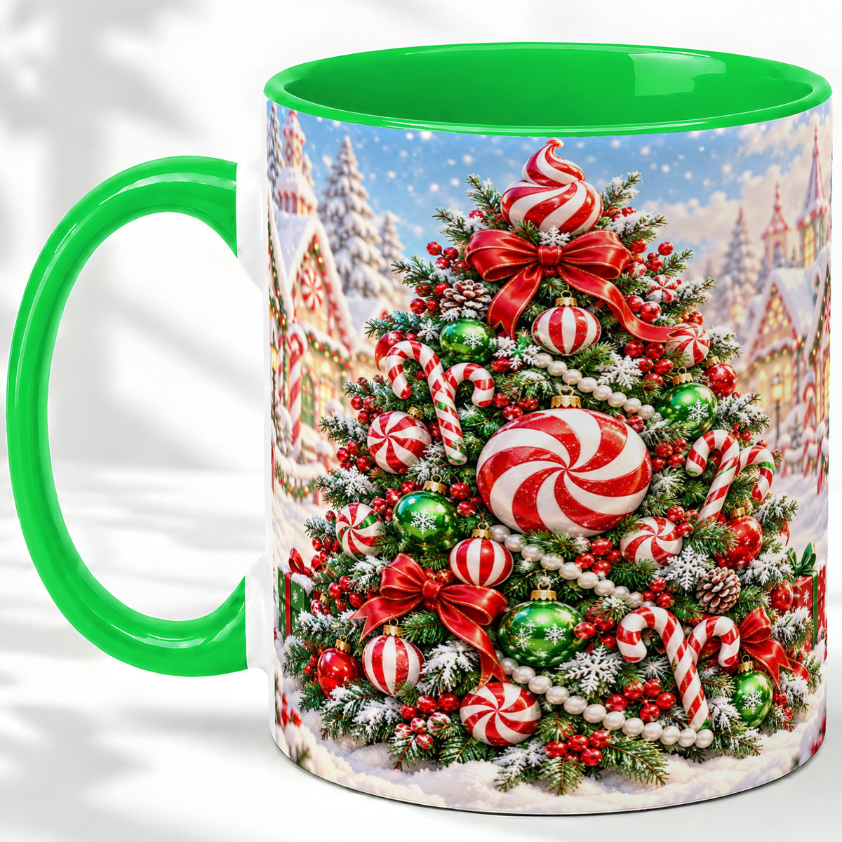 #pl[11oz|Green] Peppermint Christmas Tree Ceramic Mug, Candy Cane Holiday Art
