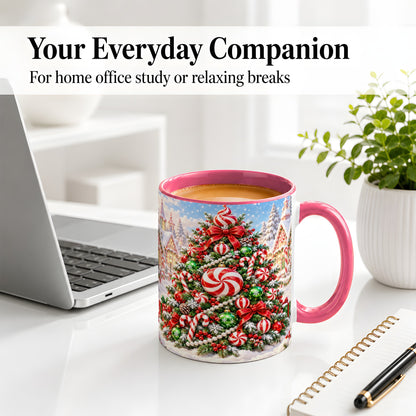 #pl[11oz|Pink] Peppermint Christmas Tree Ceramic Mug, Candy Cane Holiday Art