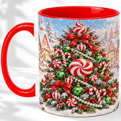 Peppermint Christmas Tree Ceramic Mug, Candy Cane Holiday Art