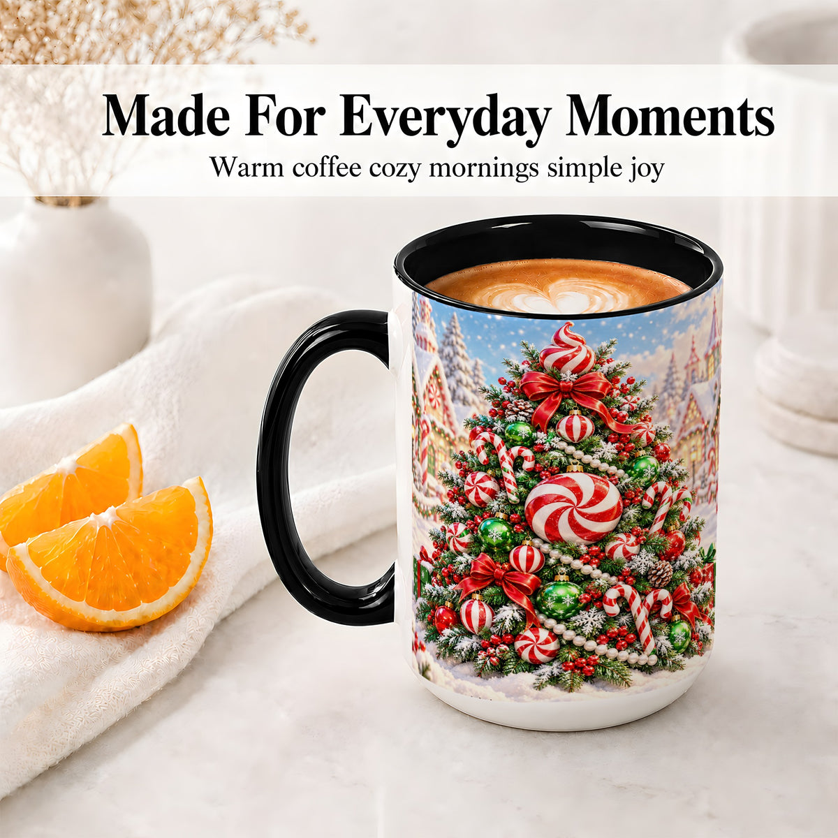 #pl[15oz|Black] Peppermint Christmas Tree Ceramic Mug, Candy Cane Holiday Art