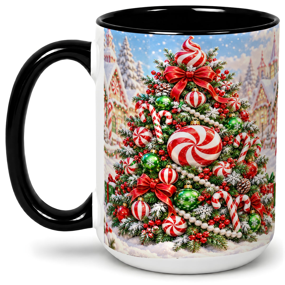 #pl[15oz|Black] Peppermint Christmas Tree Ceramic Mug, Candy Cane Holiday Art