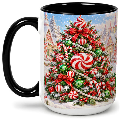 #pl[15oz|Black] Peppermint Christmas Tree Ceramic Mug, Candy Cane Holiday Art