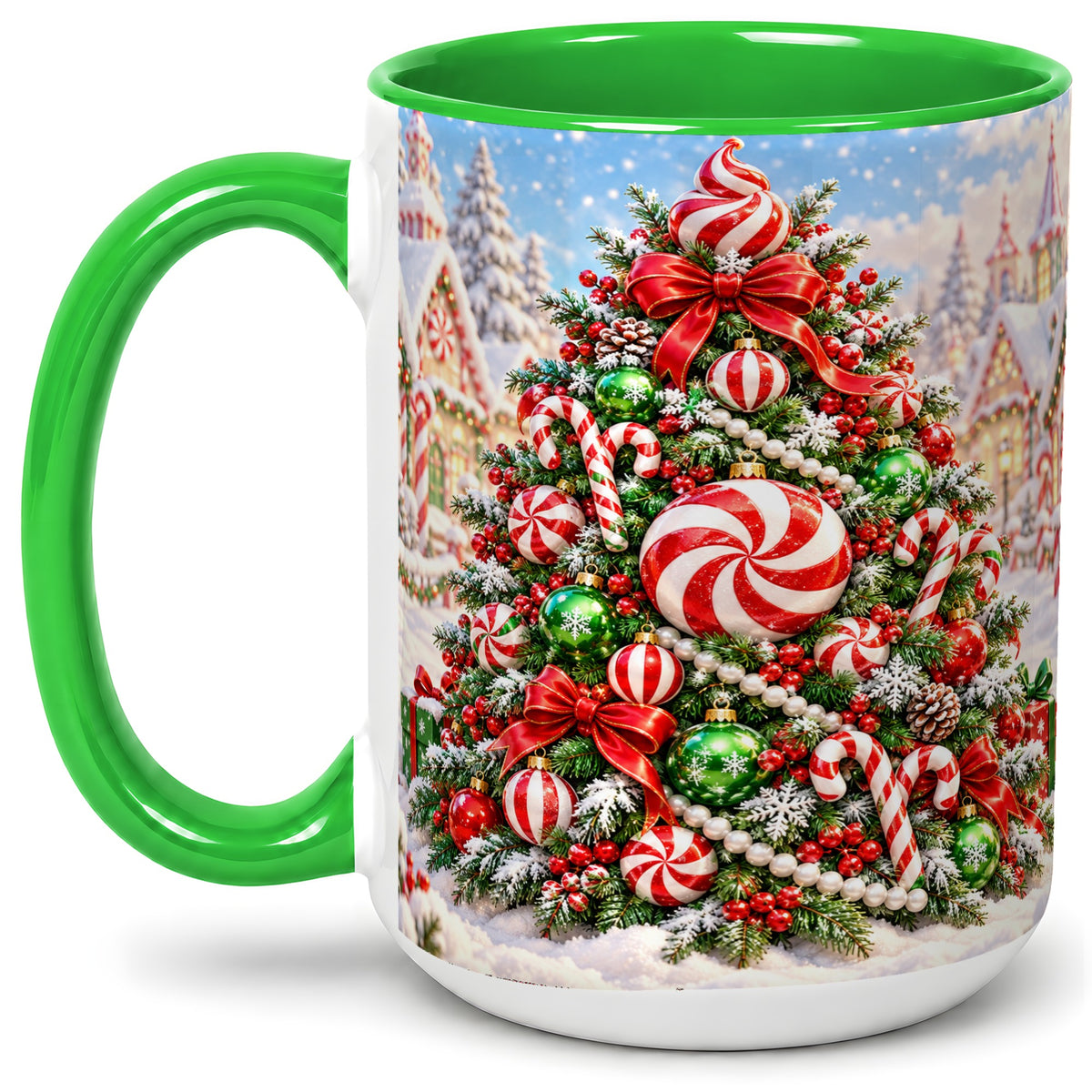 #pl[15oz|Green] Peppermint Christmas Tree Ceramic Mug, Candy Cane Holiday Art