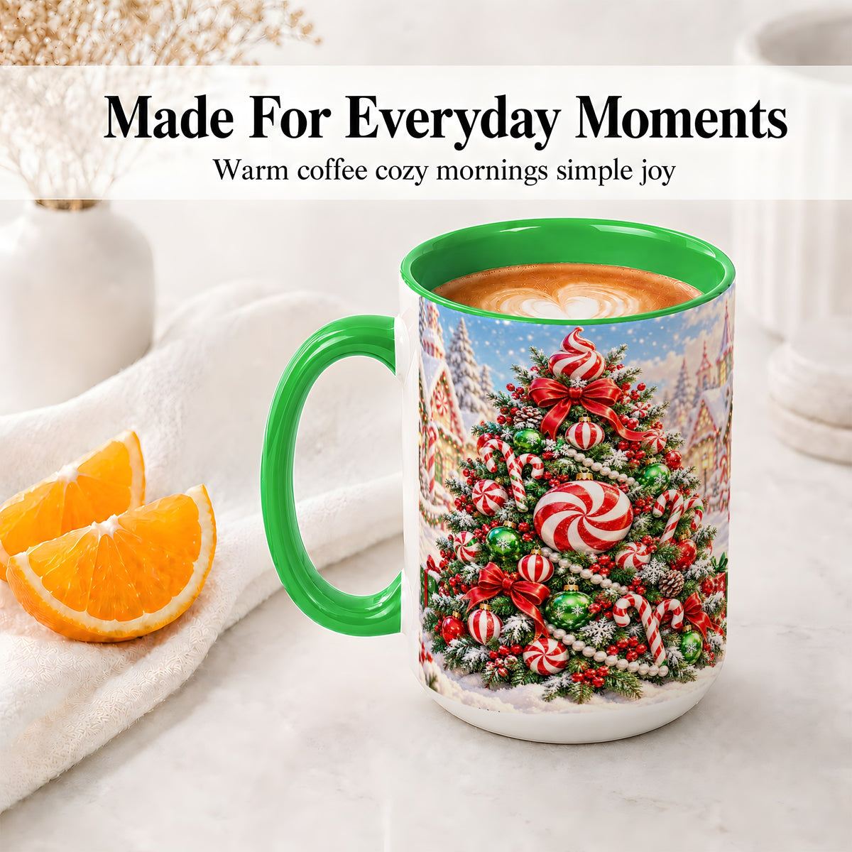 #pl[15oz|Green] Peppermint Christmas Tree Ceramic Mug, Candy Cane Holiday Art