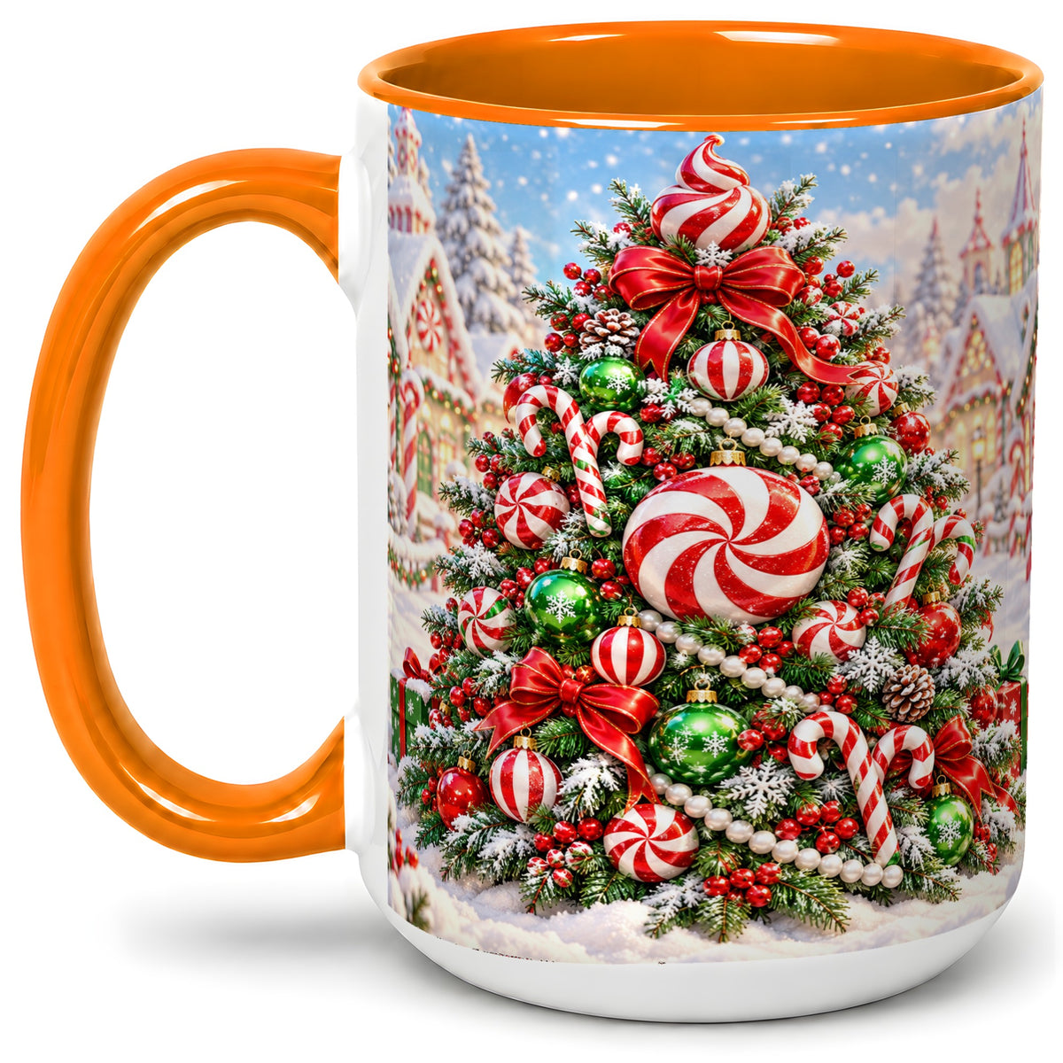 #pl[15oz|Orange] Peppermint Christmas Tree Ceramic Mug, Candy Cane Holiday Art