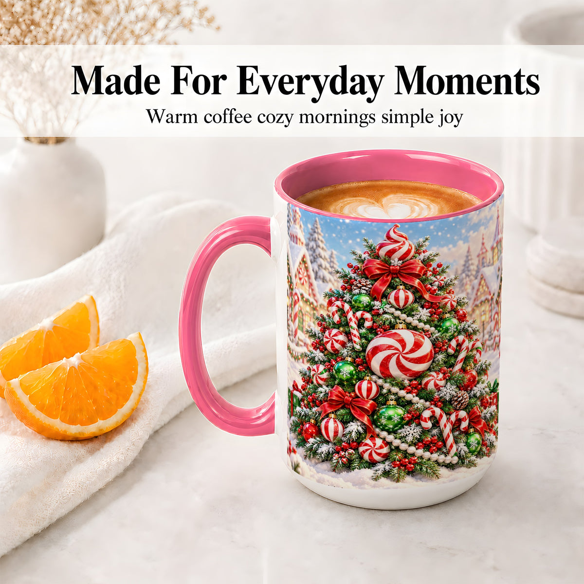 #pl[15oz|Pink] Peppermint Christmas Tree Ceramic Mug, Candy Cane Holiday Art