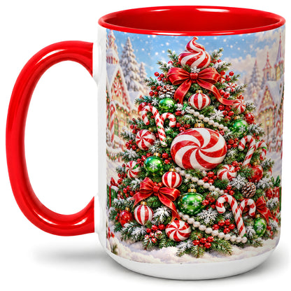 #pl[15oz|Red] Peppermint Christmas Tree Ceramic Mug, Candy Cane Holiday Art