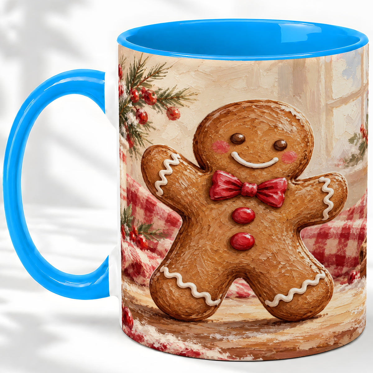 #pl[11oz|Blue] Gingerbread Man Ceramic Mug, Cute Christmas Cookie Oil Painting