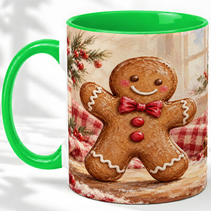 #pl[11oz|Green] Gingerbread Man Ceramic Mug, Cute Christmas Cookie Oil Painting