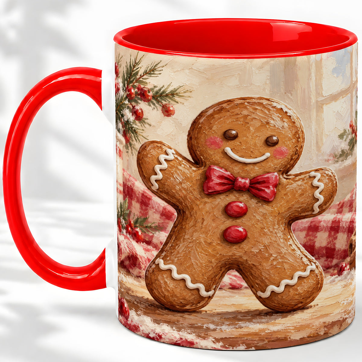 Gingerbread Man Ceramic Mug, Cute Christmas Cookie Oil Painting
