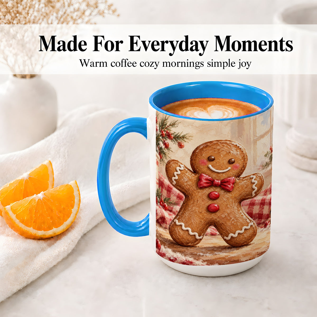 #pl[15oz|Blue] Gingerbread Man Ceramic Mug, Cute Christmas Cookie Oil Painting