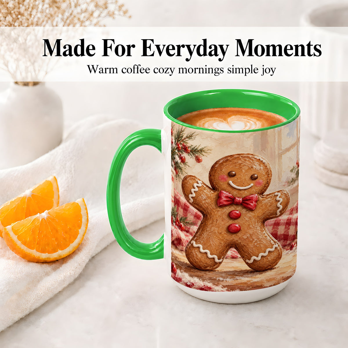 #pl[15oz|Green] Gingerbread Man Ceramic Mug, Cute Christmas Cookie Oil Painting
