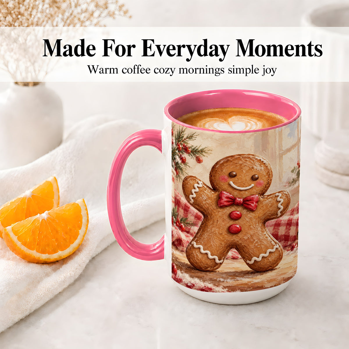 #pl[15oz|Pink] Gingerbread Man Ceramic Mug, Cute Christmas Cookie Oil Painting
