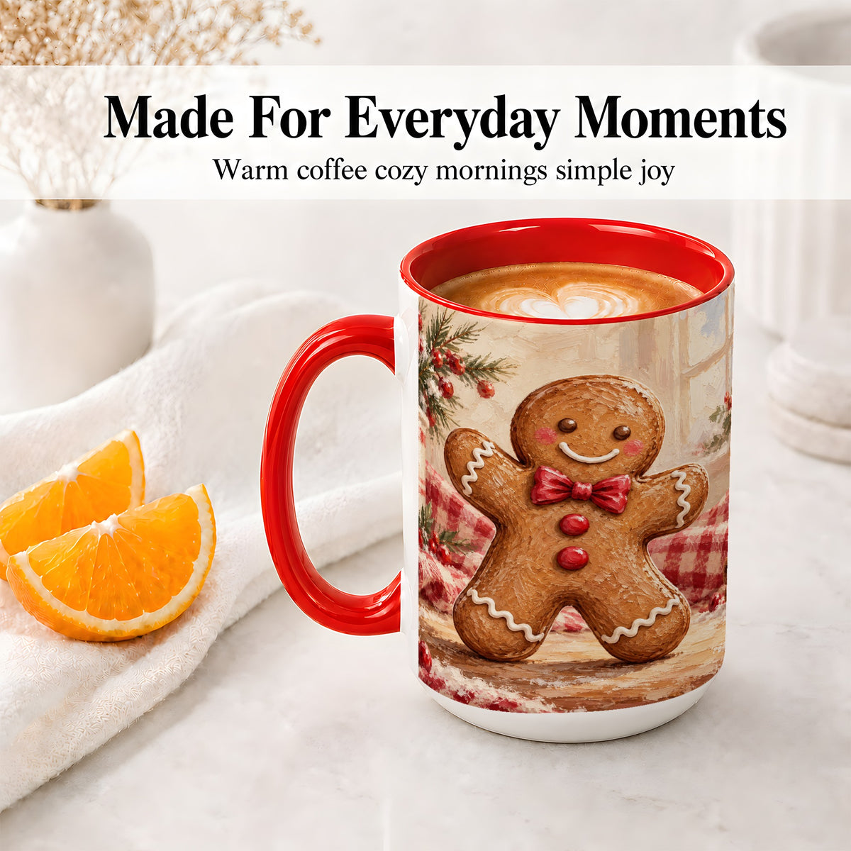 #pl[15oz|Red] Gingerbread Man Ceramic Mug, Cute Christmas Cookie Oil Painting