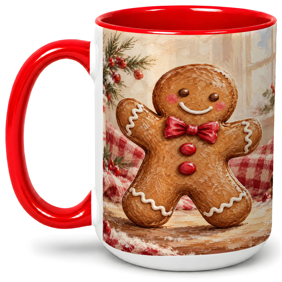 #pl[15oz|Red] Gingerbread Man Ceramic Mug, Cute Christmas Cookie Oil Painting