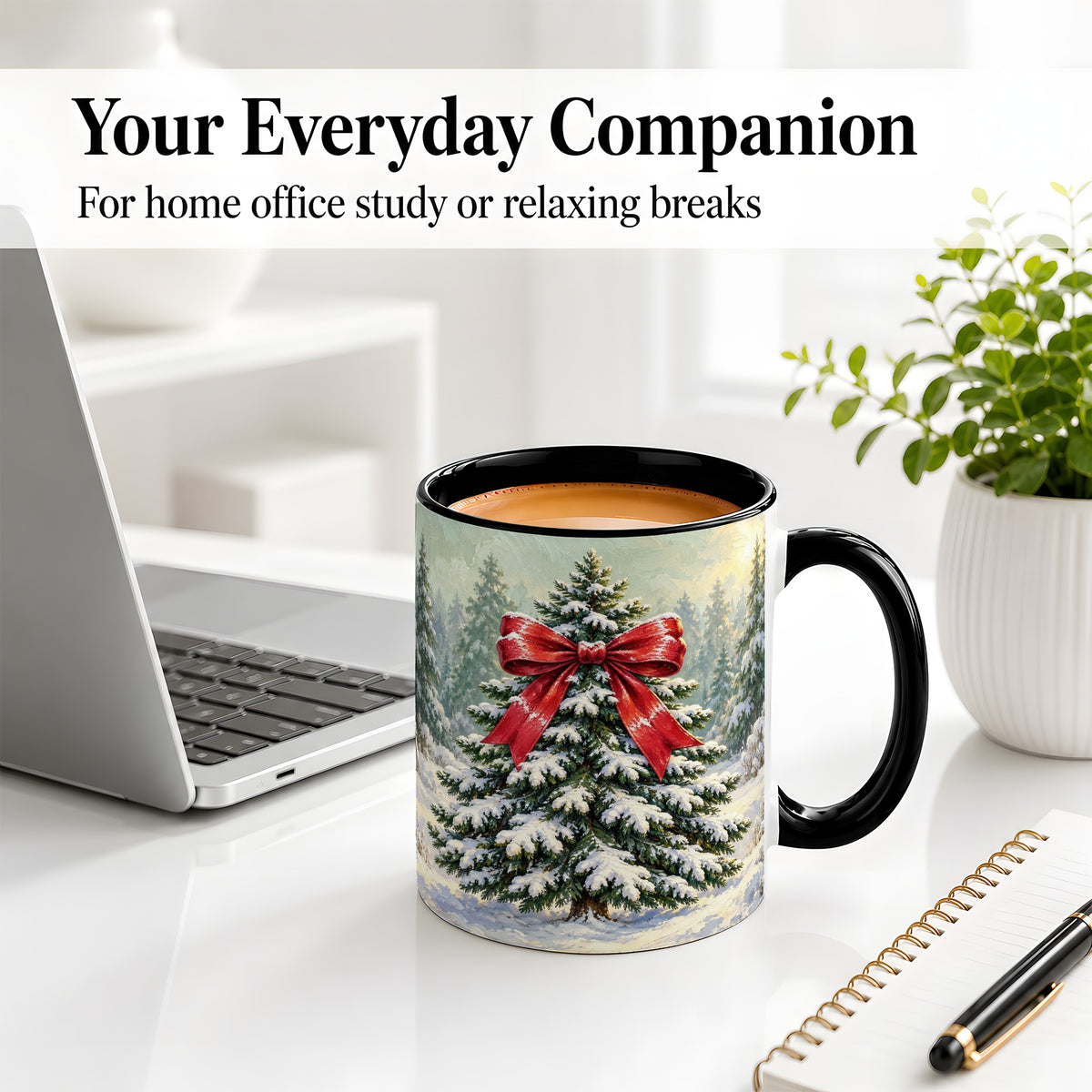 #pl[11oz|Black] Snowy Christmas Tree Ceramic Mug, Red Bow Winter Oil Painting