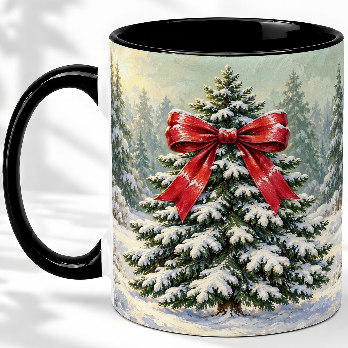 #pl[11oz|Black] Snowy Christmas Tree Ceramic Mug, Red Bow Winter Oil Painting