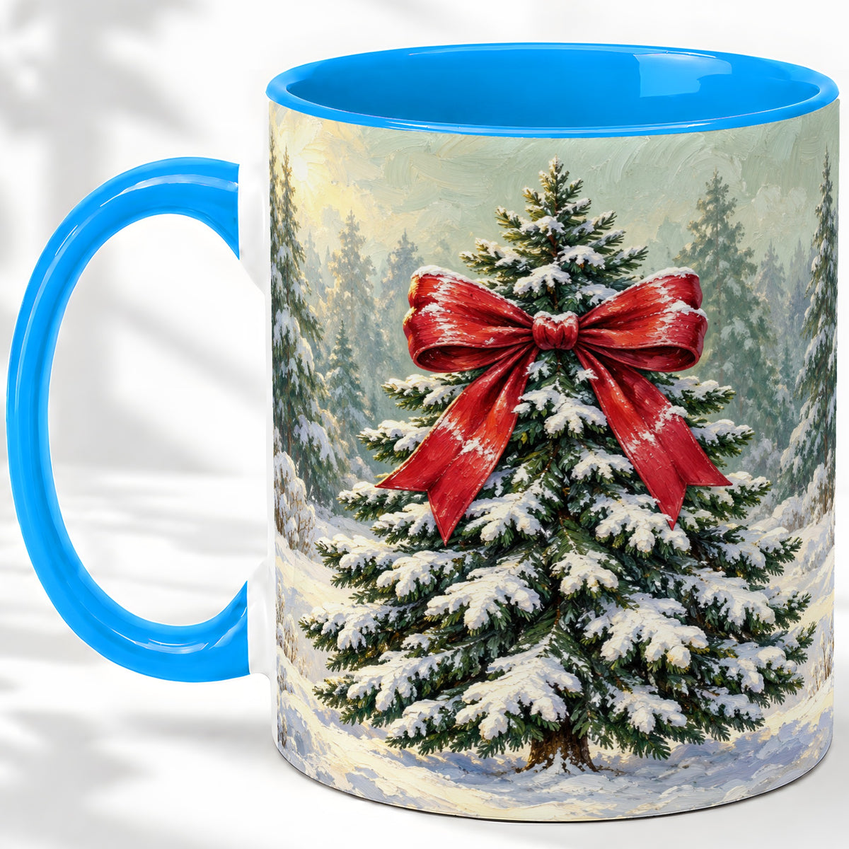 #pl[11oz|Blue] Snowy Christmas Tree Ceramic Mug, Red Bow Winter Oil Painting