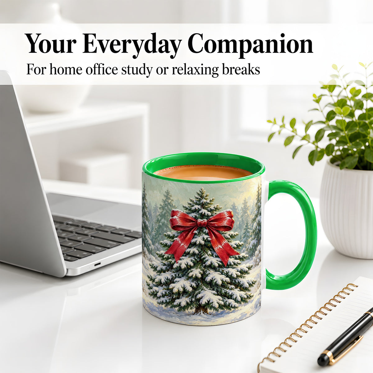#pl[11oz|Green] Snowy Christmas Tree Ceramic Mug, Red Bow Winter Oil Painting