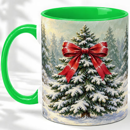 #pl[11oz|Green] Snowy Christmas Tree Ceramic Mug, Red Bow Winter Oil Painting