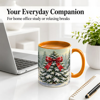 #pl[11oz|Orange] Snowy Christmas Tree Ceramic Mug, Red Bow Winter Oil Painting