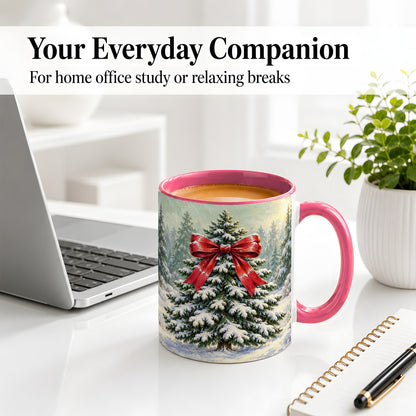 #pl[11oz|Pink] Snowy Christmas Tree Ceramic Mug, Red Bow Winter Oil Painting