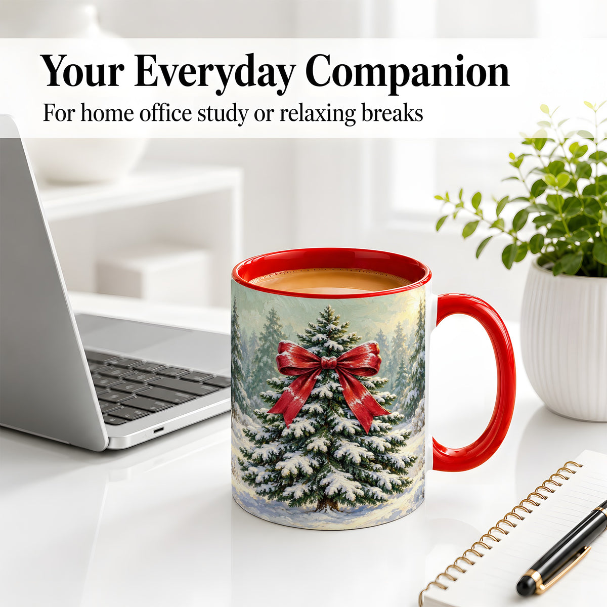 #pl[11oz|Red] Snowy Christmas Tree Ceramic Mug, Red Bow Winter Oil Painting