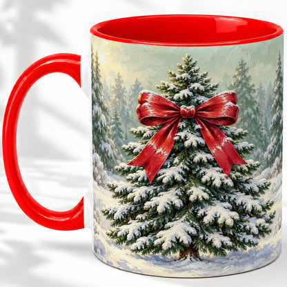 Snowy Christmas Tree Ceramic Mug, Red Bow Winter Oil Painting