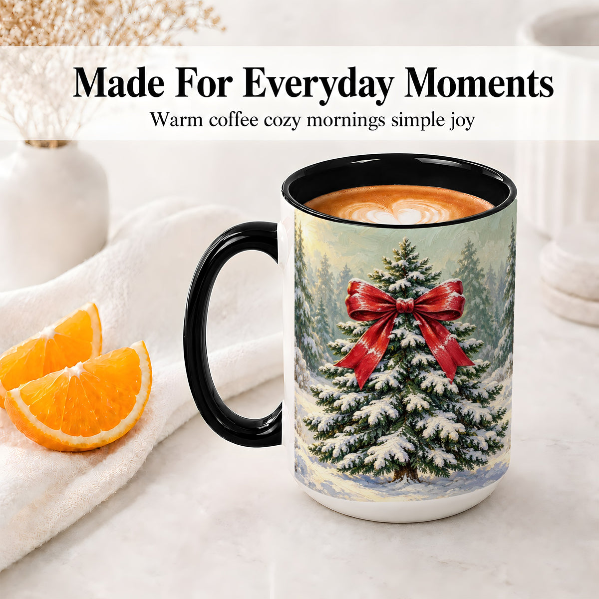#pl[15oz|Black] Snowy Christmas Tree Ceramic Mug, Red Bow Winter Oil Painting