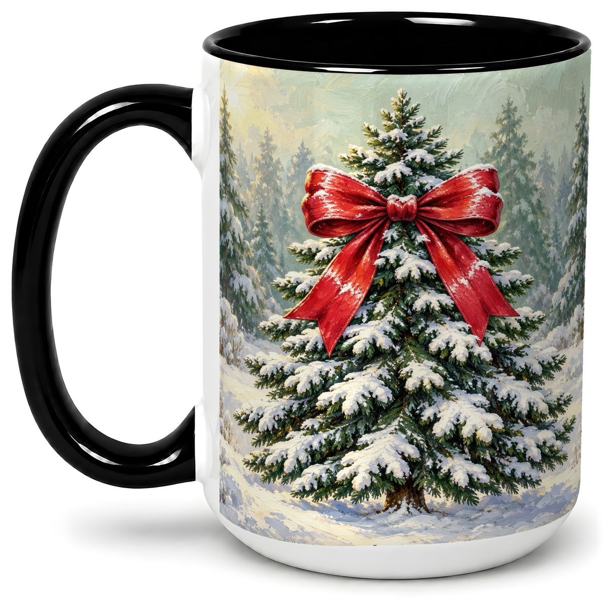 #pl[15oz|Black] Snowy Christmas Tree Ceramic Mug, Red Bow Winter Oil Painting