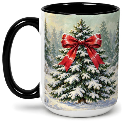 #pl[15oz|Black] Snowy Christmas Tree Ceramic Mug, Red Bow Winter Oil Painting