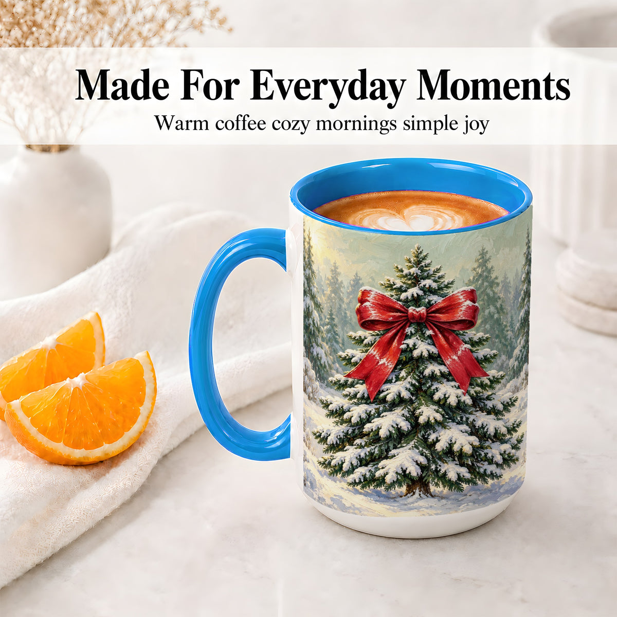 #pl[15oz|Blue] Snowy Christmas Tree Ceramic Mug, Red Bow Winter Oil Painting