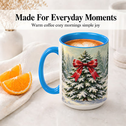 #pl[15oz|Blue] Snowy Christmas Tree Ceramic Mug, Red Bow Winter Oil Painting