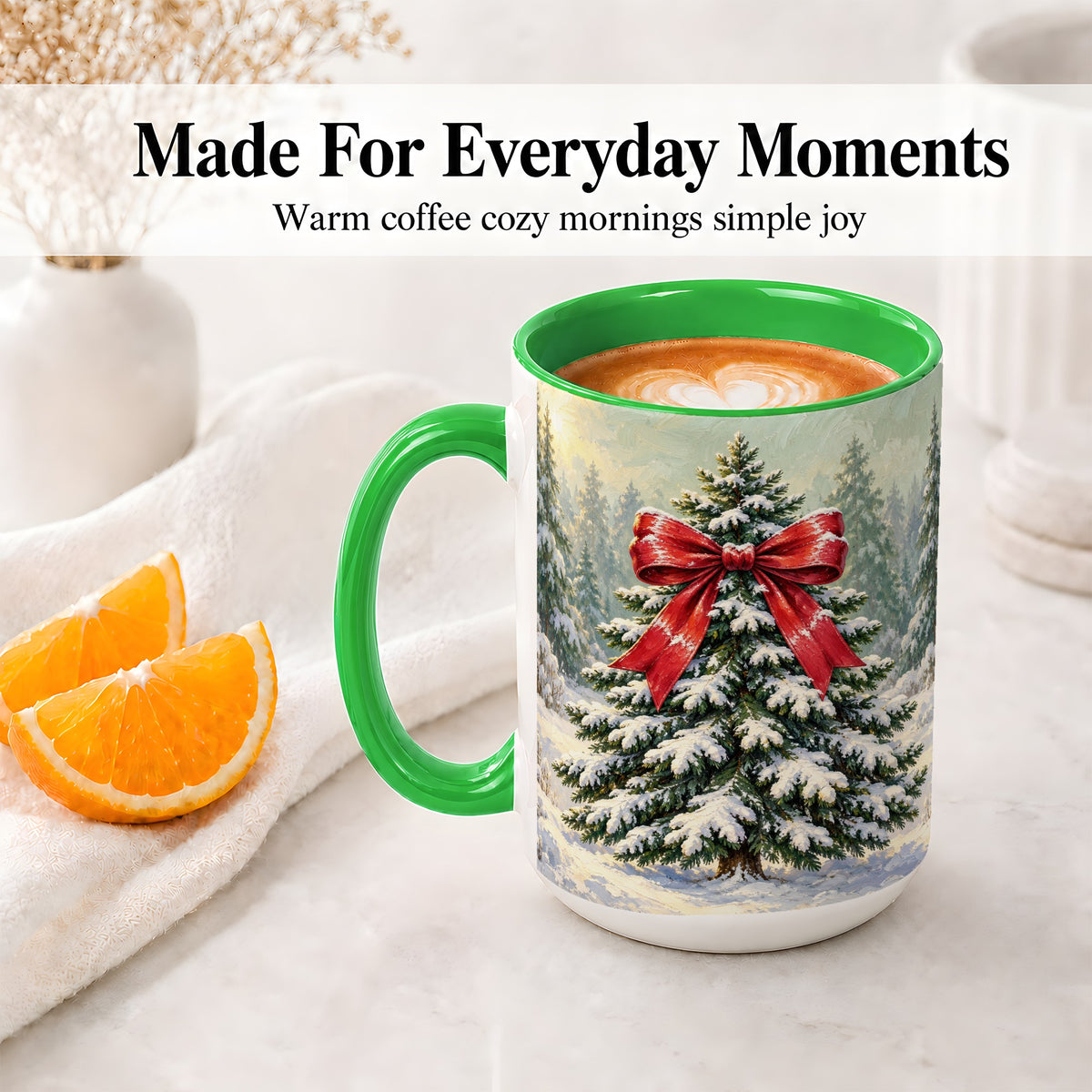 #pl[15oz|Green] Snowy Christmas Tree Ceramic Mug, Red Bow Winter Oil Painting