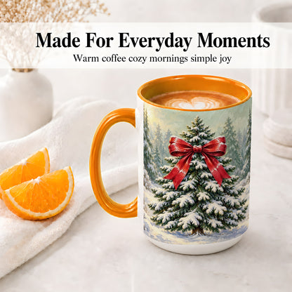 #pl[15oz|Orange] Snowy Christmas Tree Ceramic Mug, Red Bow Winter Oil Painting