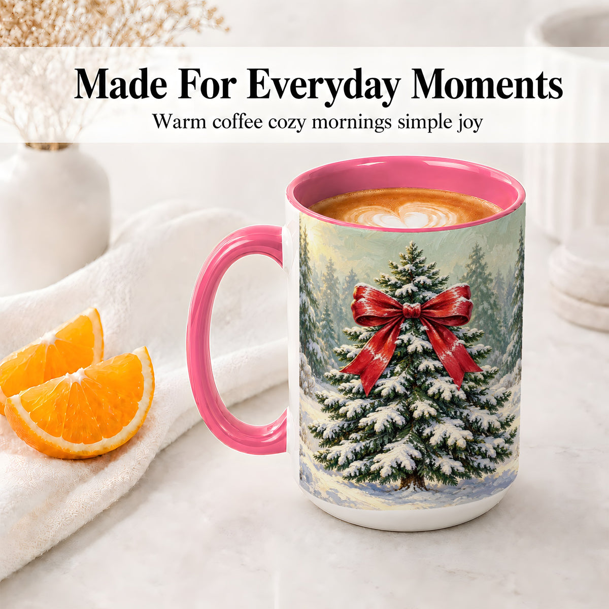 #pl[15oz|Pink] Snowy Christmas Tree Ceramic Mug, Red Bow Winter Oil Painting